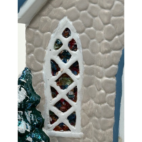 Vintage Ceramic Light Up winter Church Village Blue Steeple Stained Glass Look - Picture 3 of 16